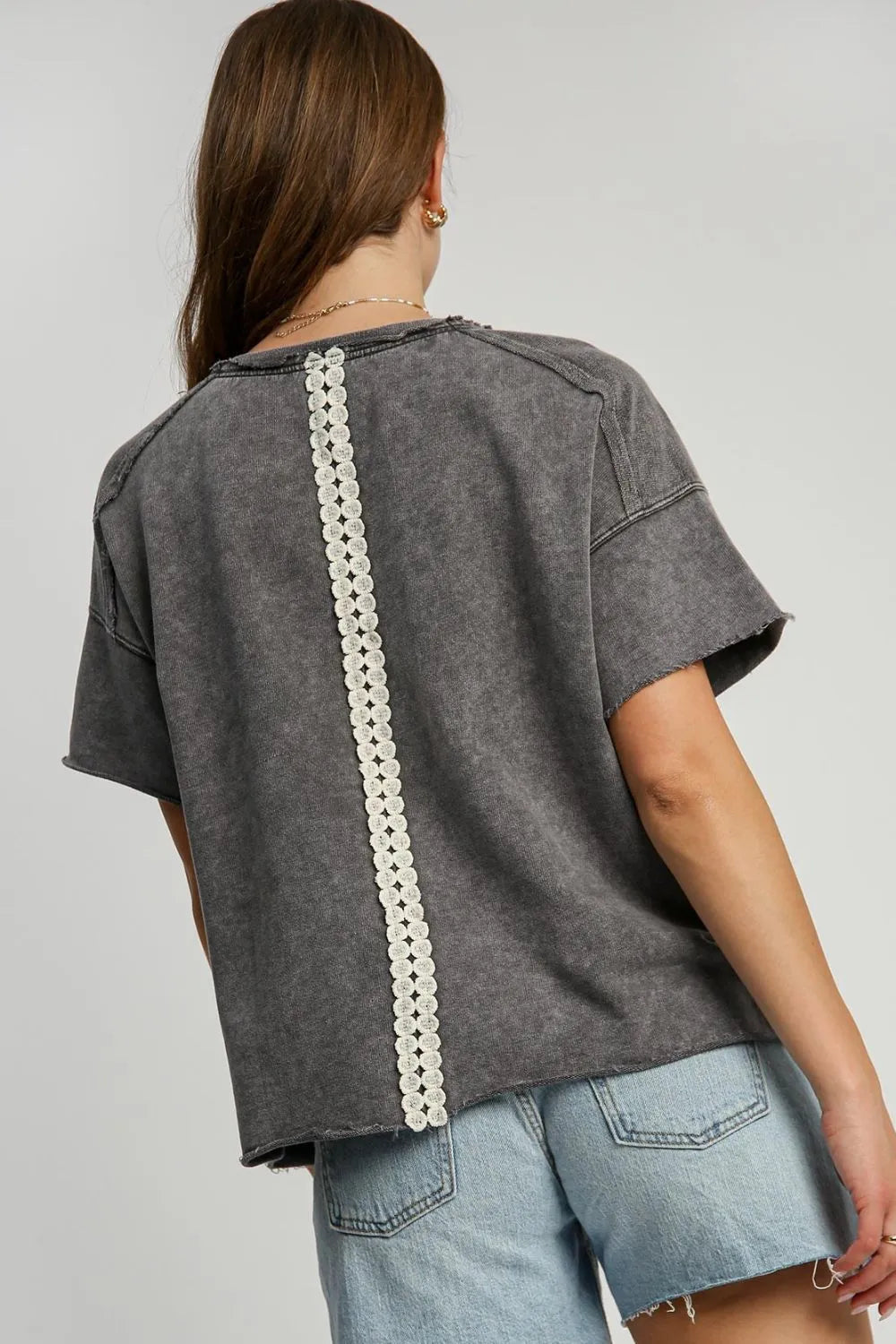 Umgee Full Size Mineral Wash T-Shirt with Lace Applique Plus Size - LoveNest Treasures