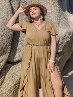 Plus Size Slit Ruffled V-Neck Jumpsuit - LoveNest Treasures