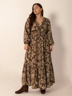 Plus Size Printed V-Neck Balloon Sleeve Maxi Dress - LoveNest Treasures