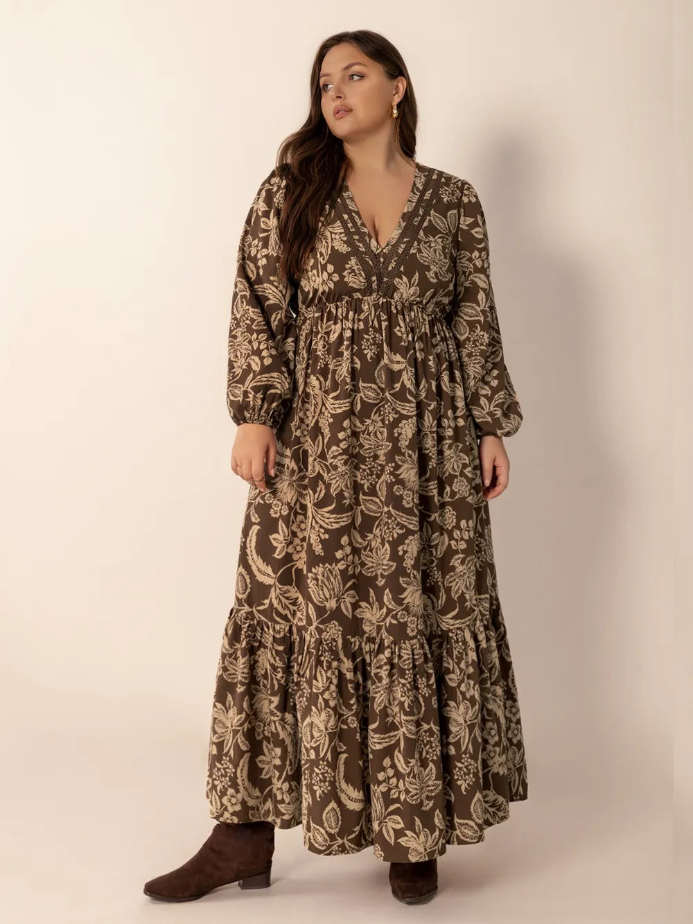 Plus Size Printed V-Neck Balloon Sleeve Maxi Dress - LoveNest Treasures