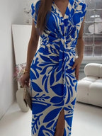 Full Size Slit Printed V-Neck Midi Dress Plus Size - LoveNest Treasures