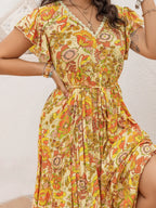 Plus Size Printed V-Neck Flutter Sleeve Tie Waist Maxi Dress - LoveNest Treasures