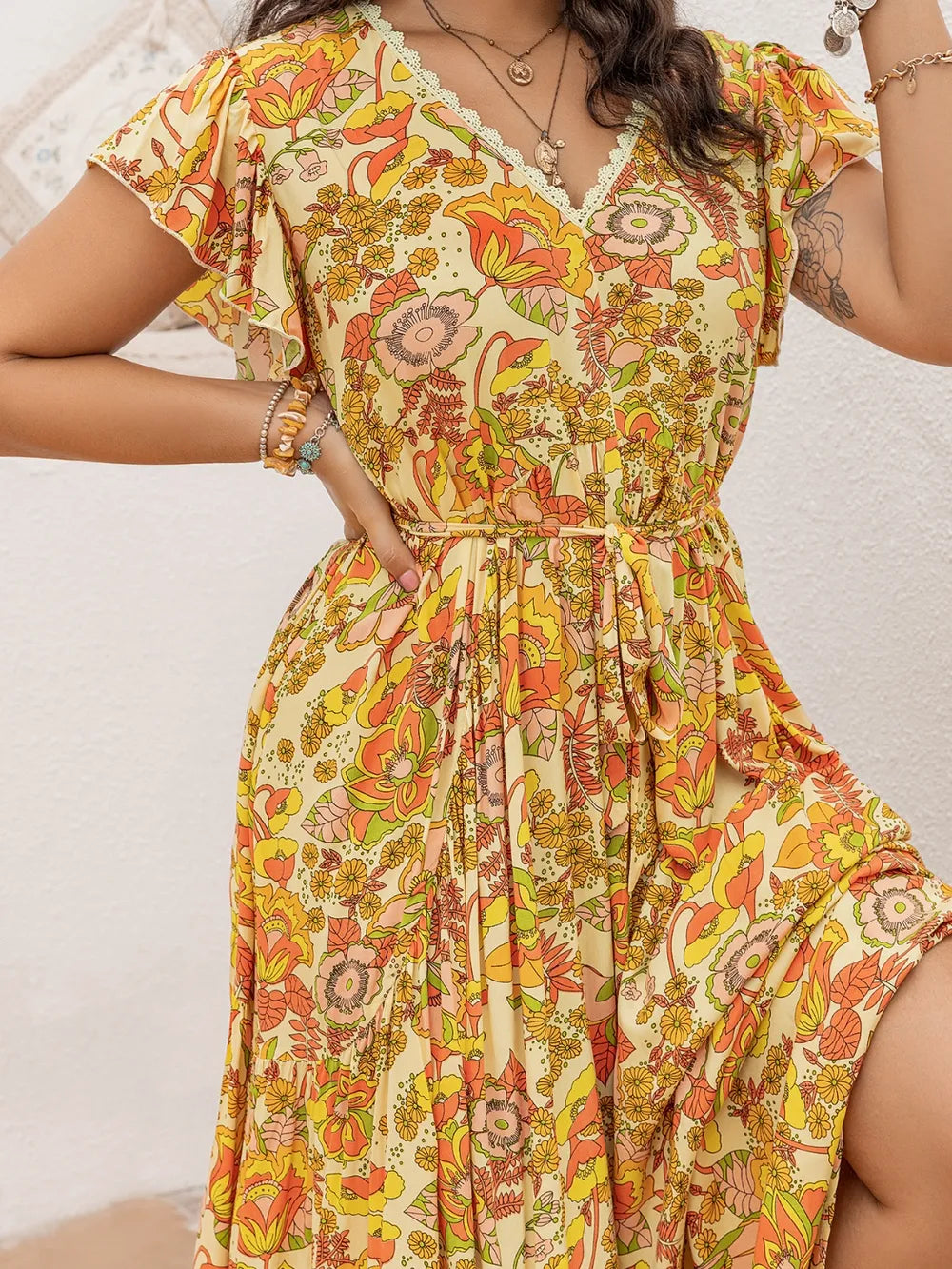 Plus Size Printed V-Neck Flutter Sleeve Tie Waist Maxi Dress - LoveNest Treasures