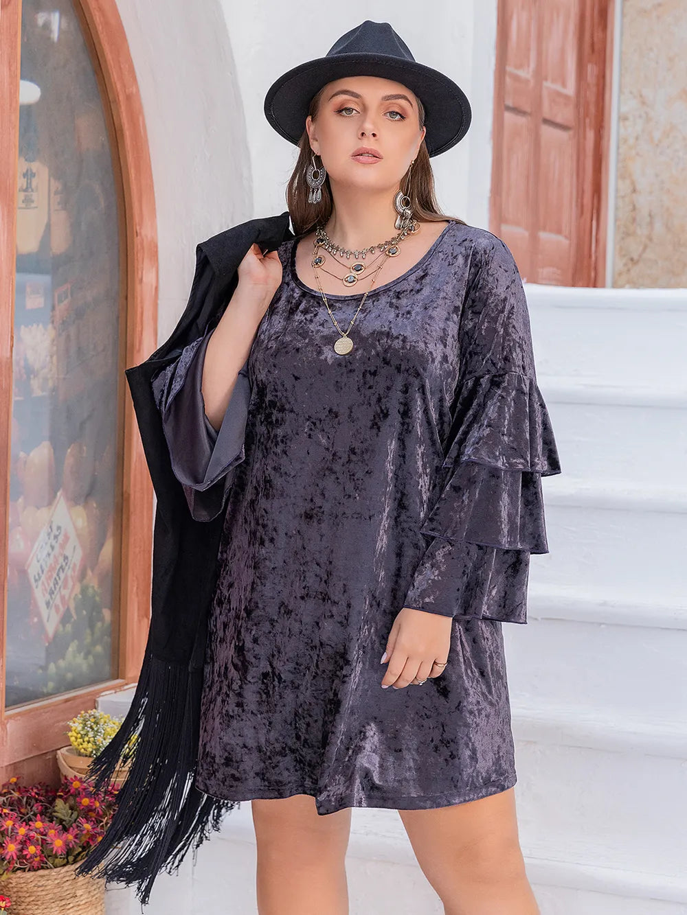 Plus Size Round Neck Flounce Sleeve Mini Dress - LoveNest Treasures