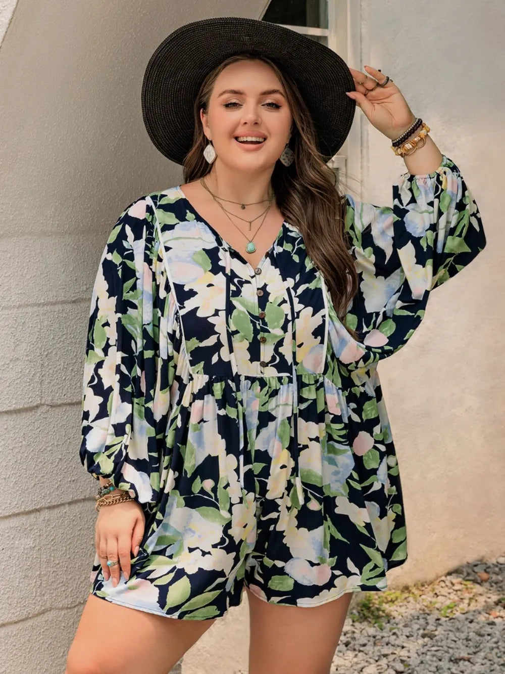 Plus Size Tied Printed Long Sleeve Romper - LoveNest Treasures