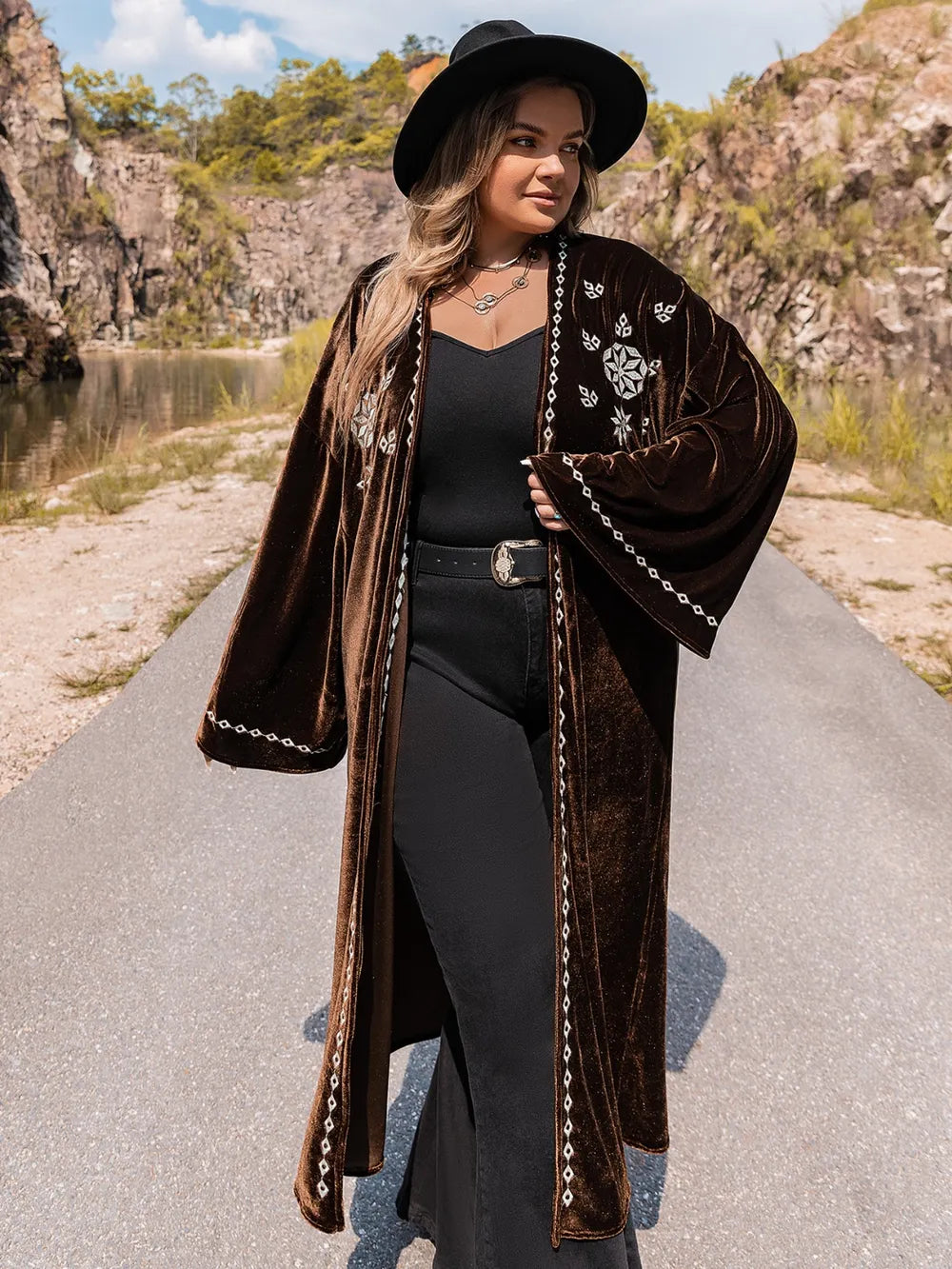 Plus Size Embroidery Open Front Long Sleeve Cardigan - LoveNest Treasures