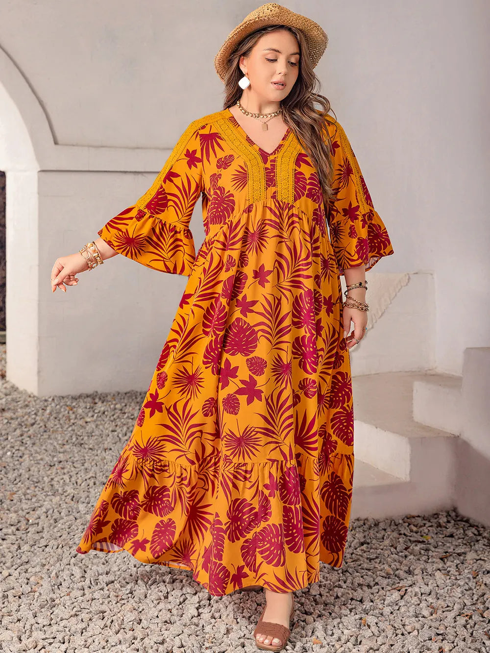 Plus Size Lace Detail Printed V-Neck Maxi Dress - LoveNest Treasures