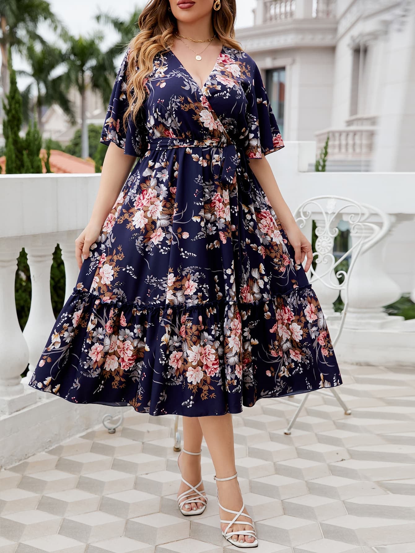 Honey Plus Size Floral Surplice Neck Midi Dress - LoveNest Treasures