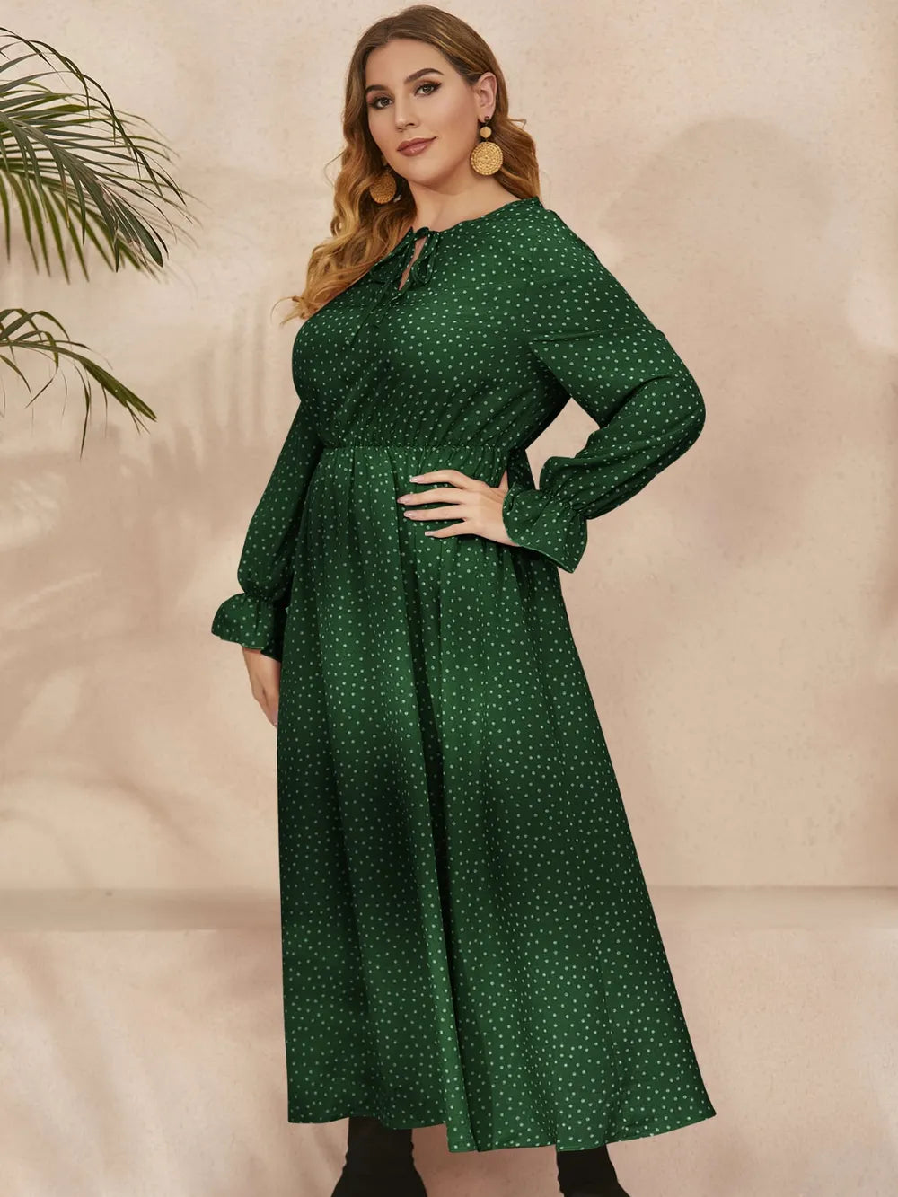 Honey Plus Size Ruffled Polka Dot Long Sleeve Midi Dress - LoveNest Treasures
