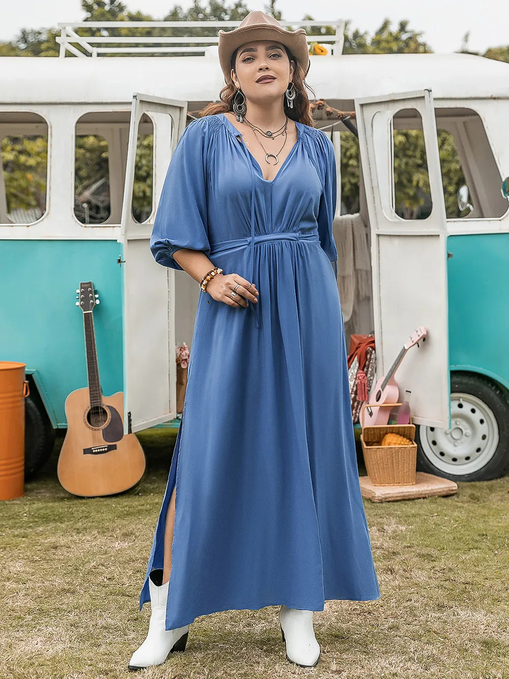 Plus Size Ruched Slit Three-Quarter Sleeve Midi Dress - LoveNest Treasures