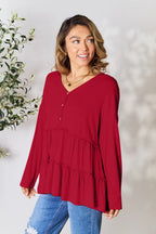 Double Take Half Button Long Sleeve Ruffle Hem Blouse - LoveNest Treasures
