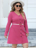 Plus Size Ribbed Buttoned V-Neck Long Sleeve Dress - LoveNest Treasures