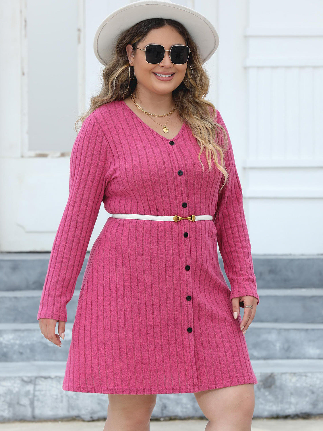 Plus Size Ribbed Buttoned V-Neck Long Sleeve Dress - LoveNest Treasures