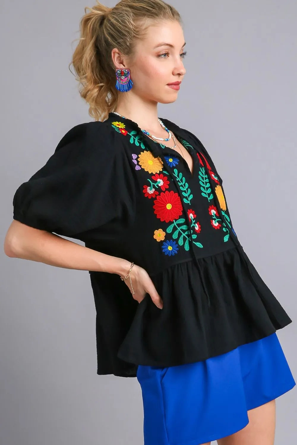 Umgee Full Size Cotton Gauze Floral Embroidery Babydoll Blouse Plus Size - LoveNest Treasures