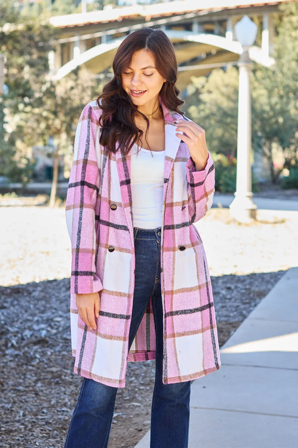 Double Take Full Size Plaid Button Up Lapel Collar Coat - LoveNest Treasures