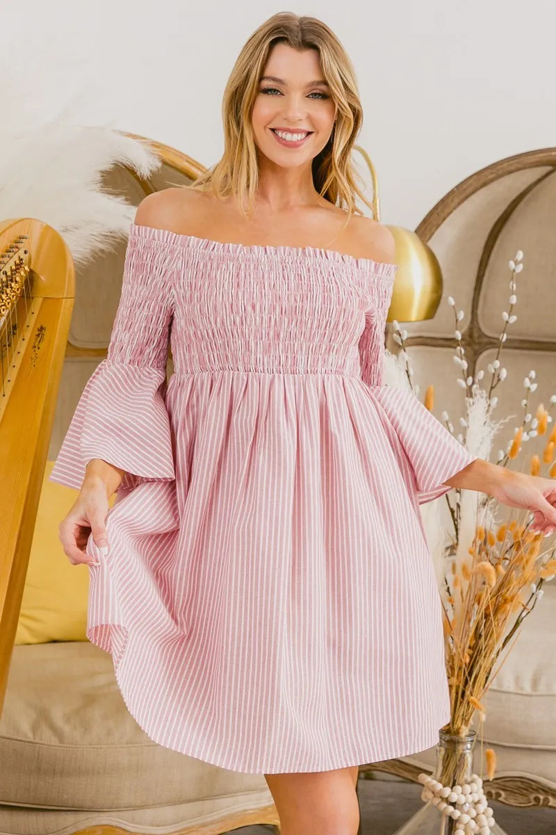 BiBi Smocked Off Shoulder Striped Dress - LoveNest Treasures