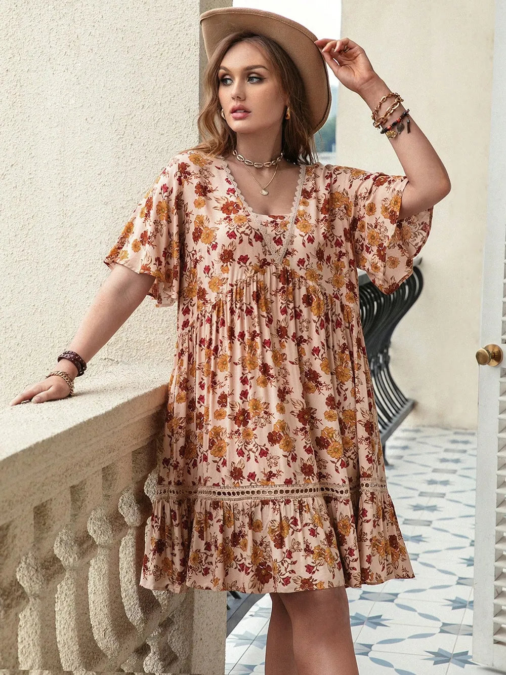 Plus Size Floral Crochet Flutter Sleeve Dress - LoveNest Treasures