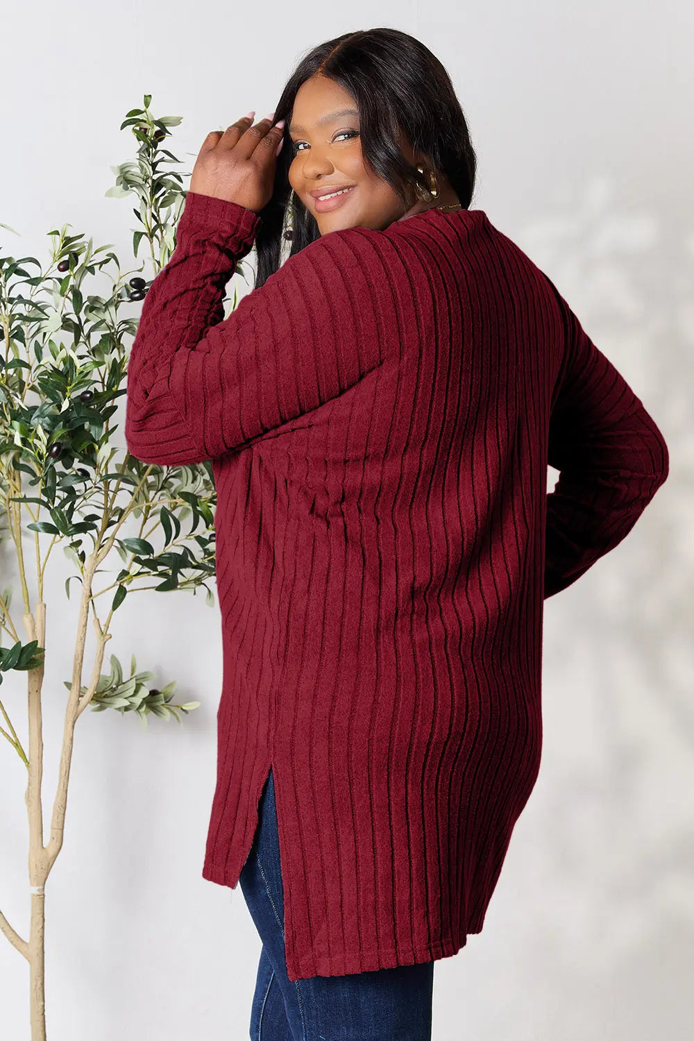 Basic Bae Full Size Ribbed Round Neck Long Sleeve Slit Top - LoveNest Treasures