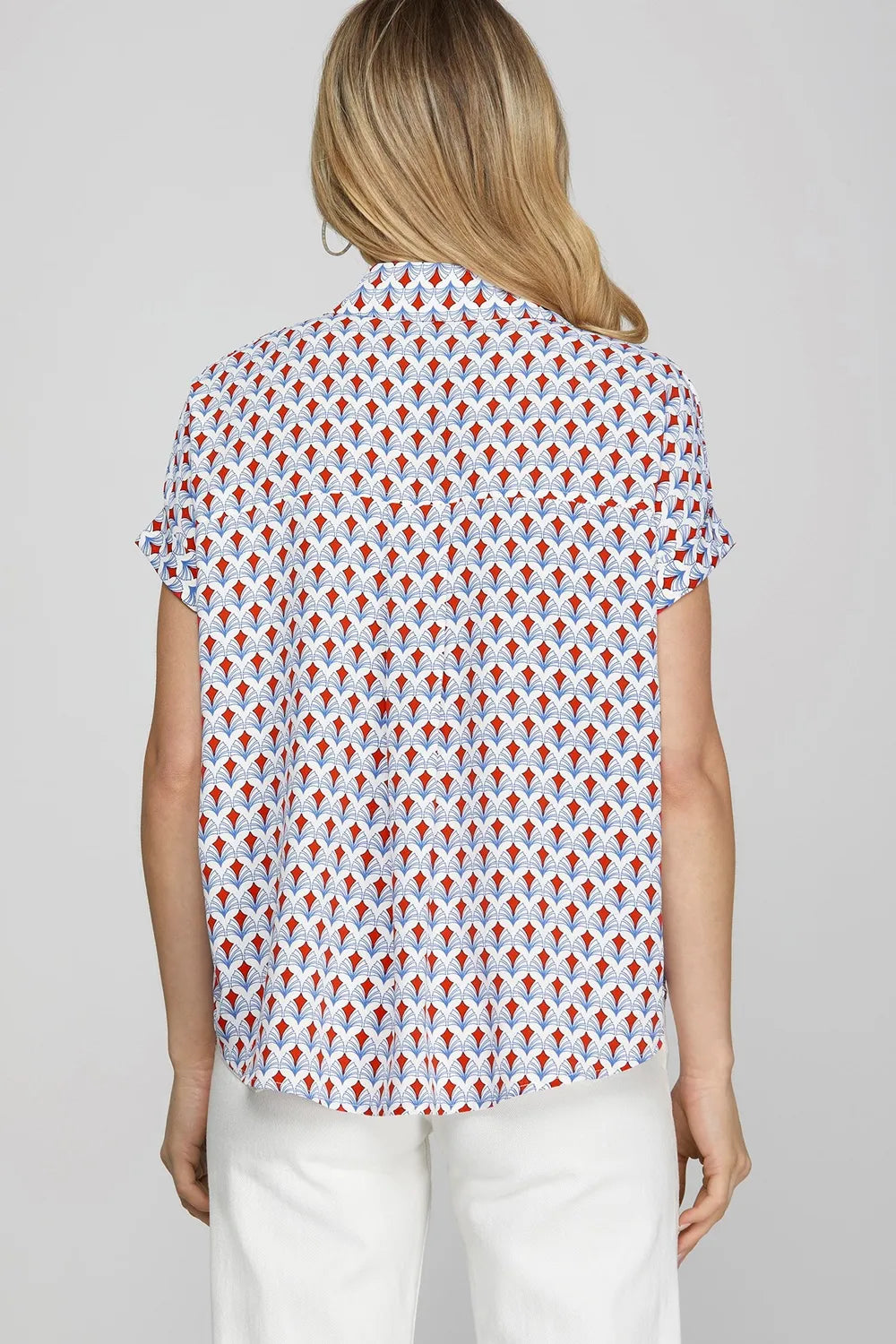 She + Sky Full Size Printed Johnny Collar Short Sleeve Blouse Plus Size - LoveNest Treasures