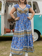 Plus Size Smocked Printed Cap Sleeve Dress - LoveNest Treasures