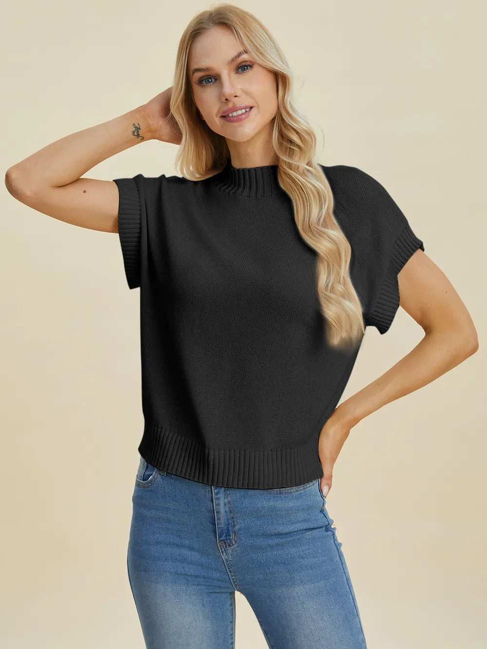 Double Take Full Size Mock Neck Short Sleeve Sweater - LoveNest Treasures
