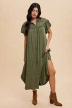 Annie Wear Mineral Washed Button Down Puff Sleeve Shirt Dress - LoveNest Treasures