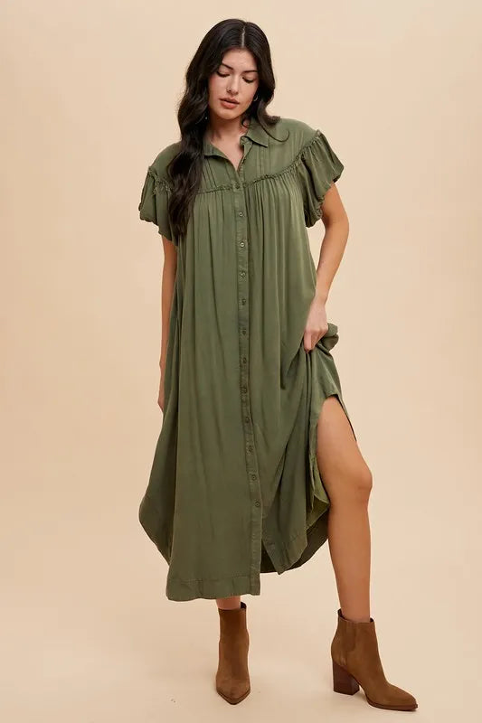 Annie Wear Mineral Washed Button Down Puff Sleeve Shirt Dress - LoveNest Treasures