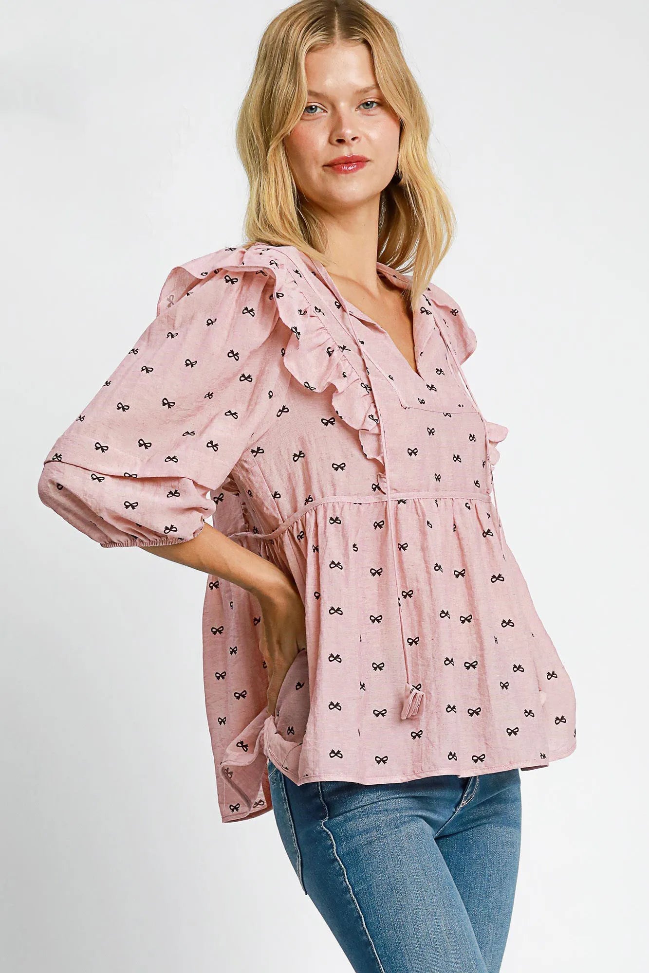Umgee Full Size Ruffled Bow Print Tie Neck Peplum Blouse Plus Size - LoveNest Treasures