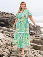 Plus Size Printed Notched Short Sleeve Maxi Dress - LoveNest Treasures