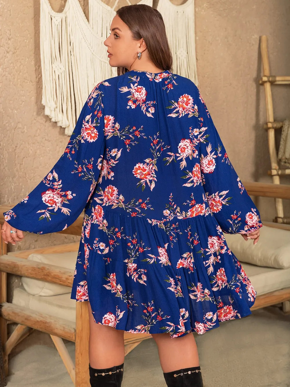 Plus Size Printed Tie Neck Balloon Sleeve Mini Dress - LoveNest Treasures