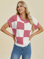 Double Take Full Size Checkered Round Neck Short Sleeve Sweater - LoveNest Treasures