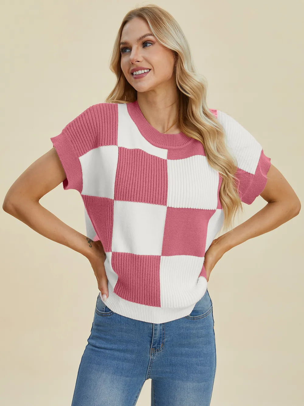 Double Take Full Size Checkered Round Neck Short Sleeve Sweater - LoveNest Treasures