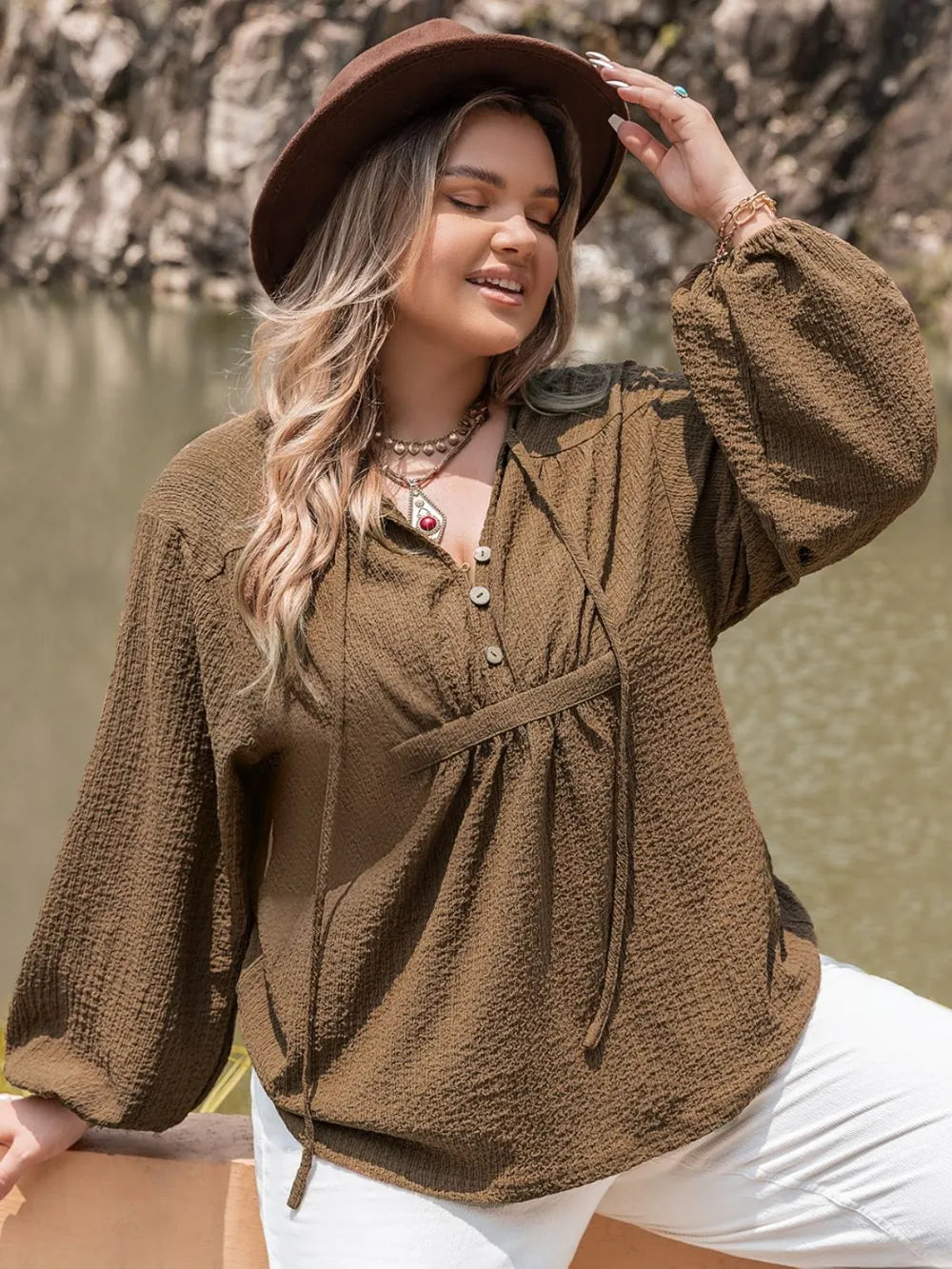 Plus Size Tie Neck Long Sleeve Blouse - LoveNest Treasures