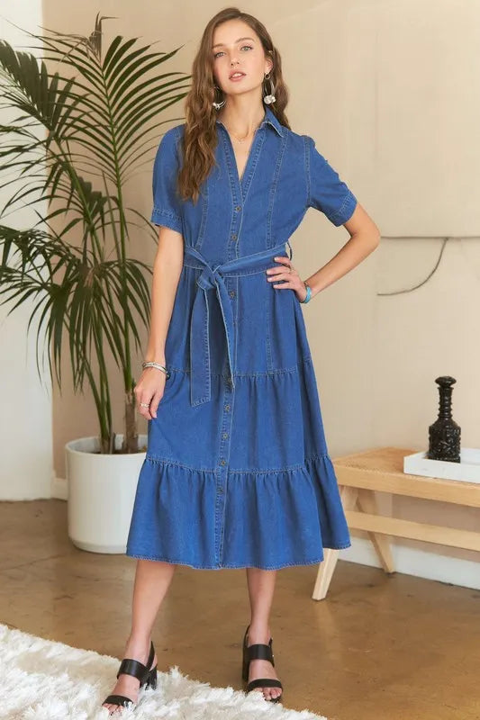 ADORA Tiered Button Down Tie Waist Short Sleeve Denim Dress - LoveNest Treasures