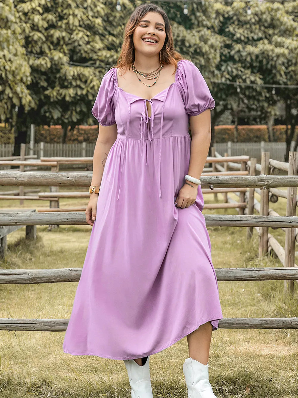 Plus Size Tie Neck Short Sleeve Dress - LoveNest Treasures