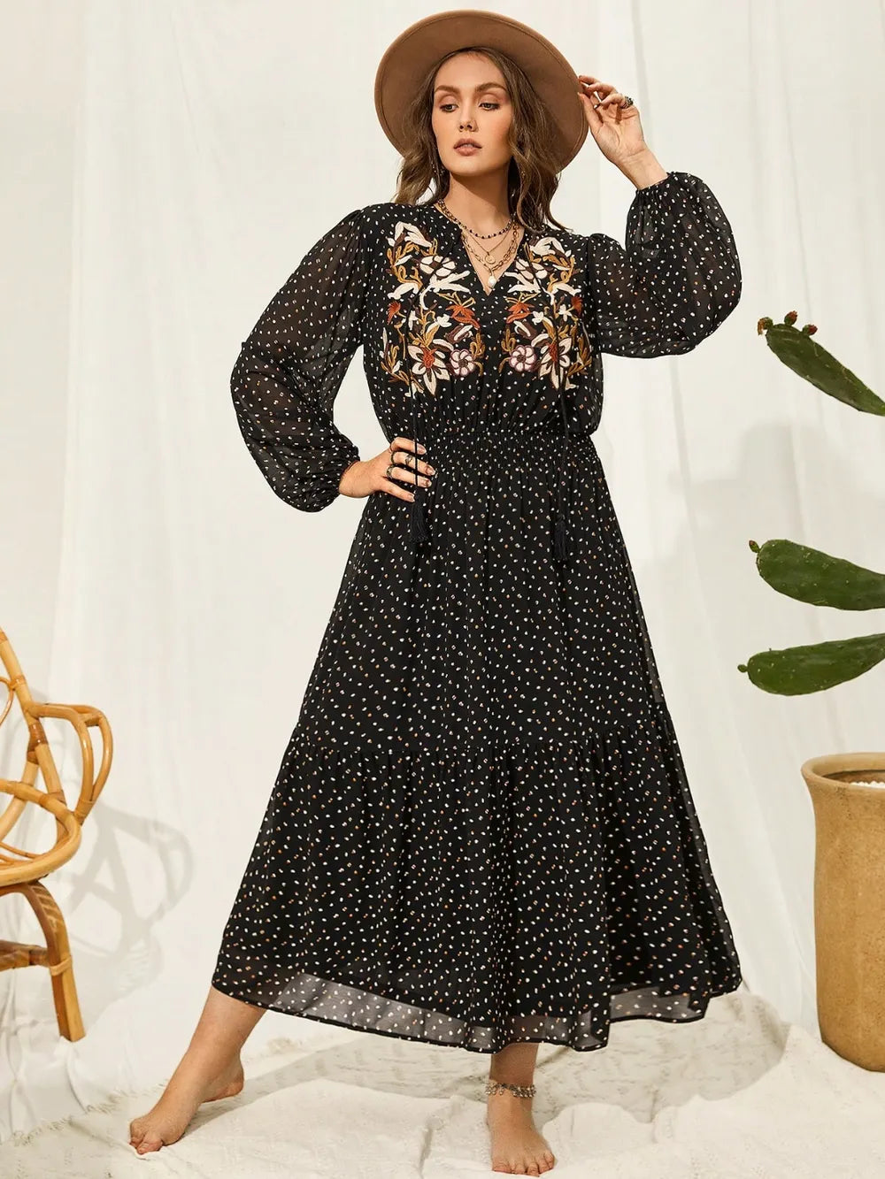 Plus Size Embroidered Tassel Balloon Sleeve Dress - LoveNest Treasures