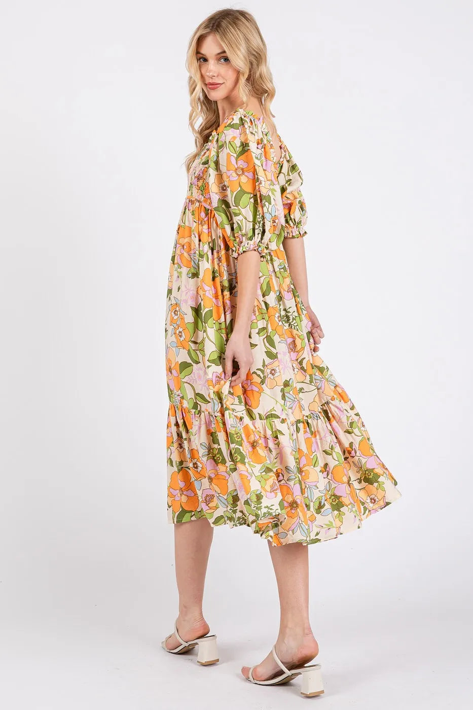 Mittoshop Flower Print Puff Sleeve Ruffle Smocked Midi Dress - LoveNest Treasures