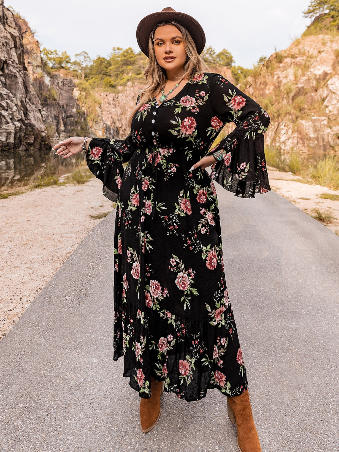 Plus Size Floral Flare Sleeve Dress - LoveNest Treasures