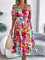 Ruffled Hem Smocked Floral Short Sleeve Midi Dress - LoveNest Treasures