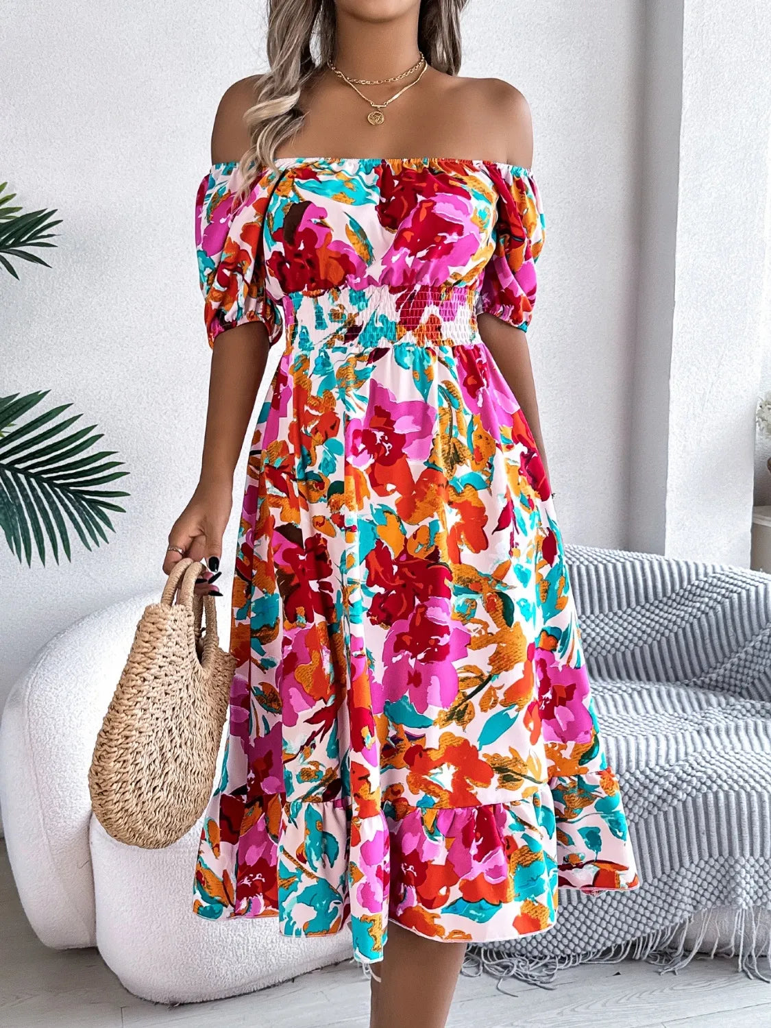 Ruffled Hem Smocked Floral Short Sleeve Midi Dress - LoveNest Treasures