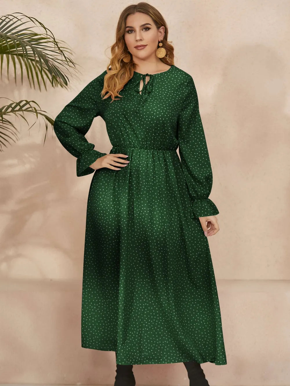 Honey Plus Size Ruffled Polka Dot Long Sleeve Midi Dress - LoveNest Treasures