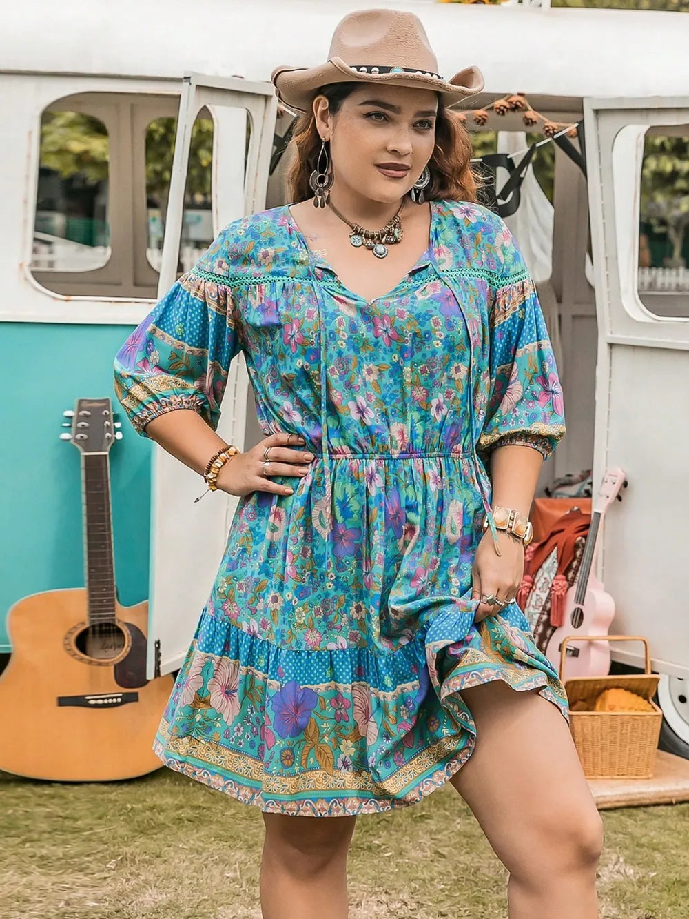 Plus Size Printed Tie Neck Mini Dress - LoveNest Treasures
