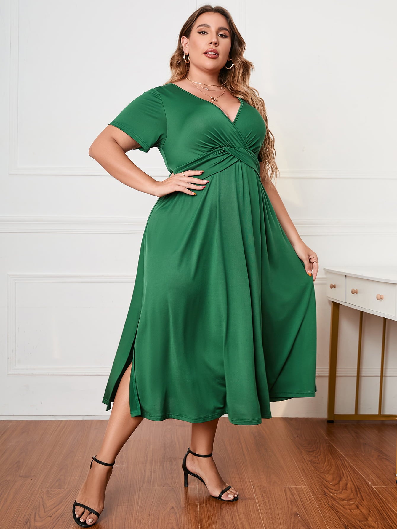 Honey Plus Size Short Sleeve Surplice Neck Midi Dress - LoveNest Treasures