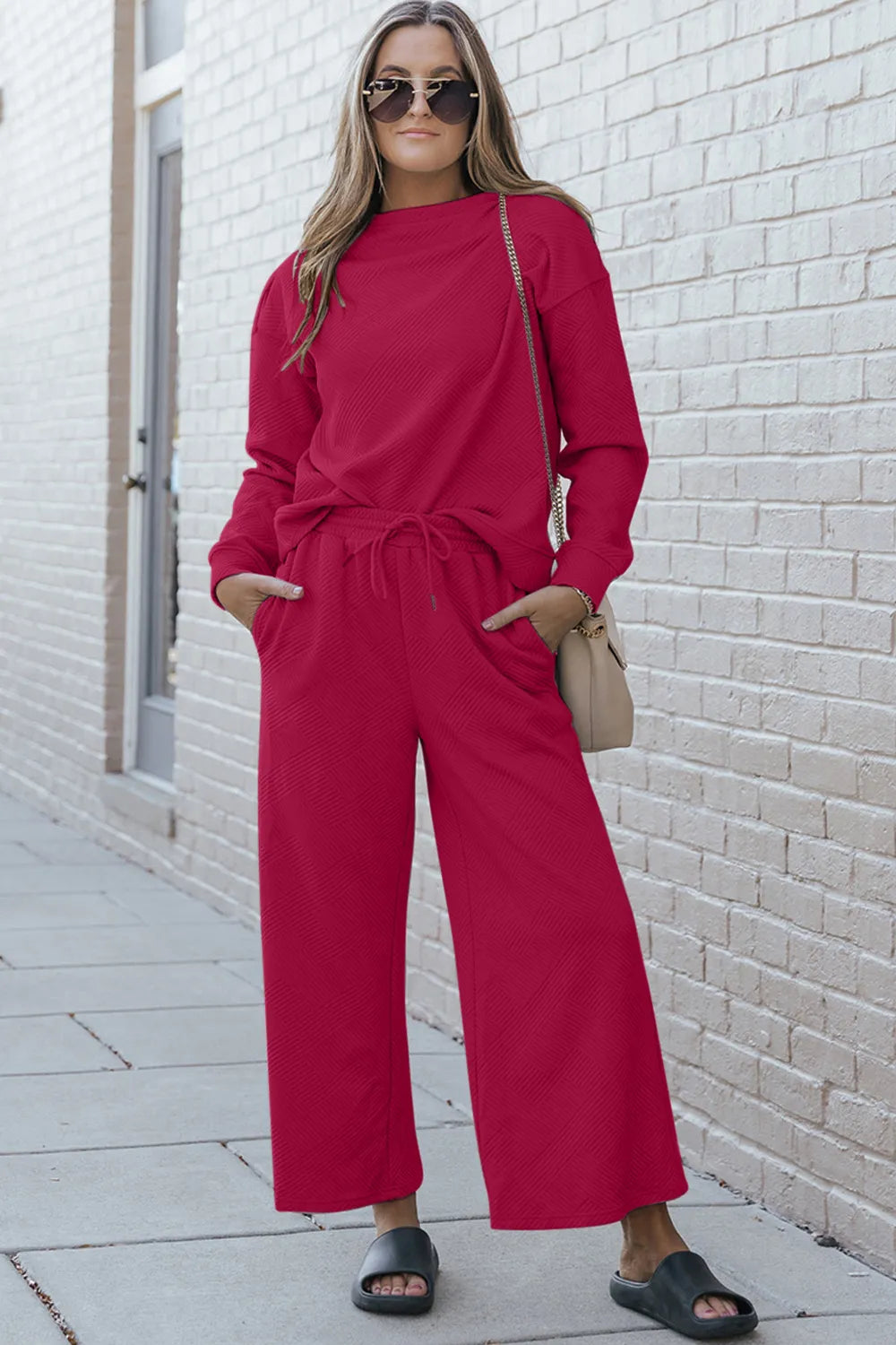 Double Take Full Size Textured Long Sleeve Top and Drawstring Pants Set - LoveNest Treasures