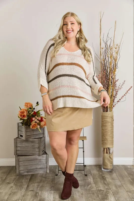 ADORA Full Size Multi Color Strip Sweater Plus Size - LoveNest Treasures