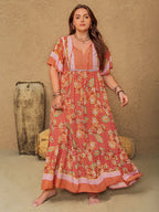 Plus Size Printed Tie Neck Flutter Sleeve Maxi Dress - LoveNest Treasures