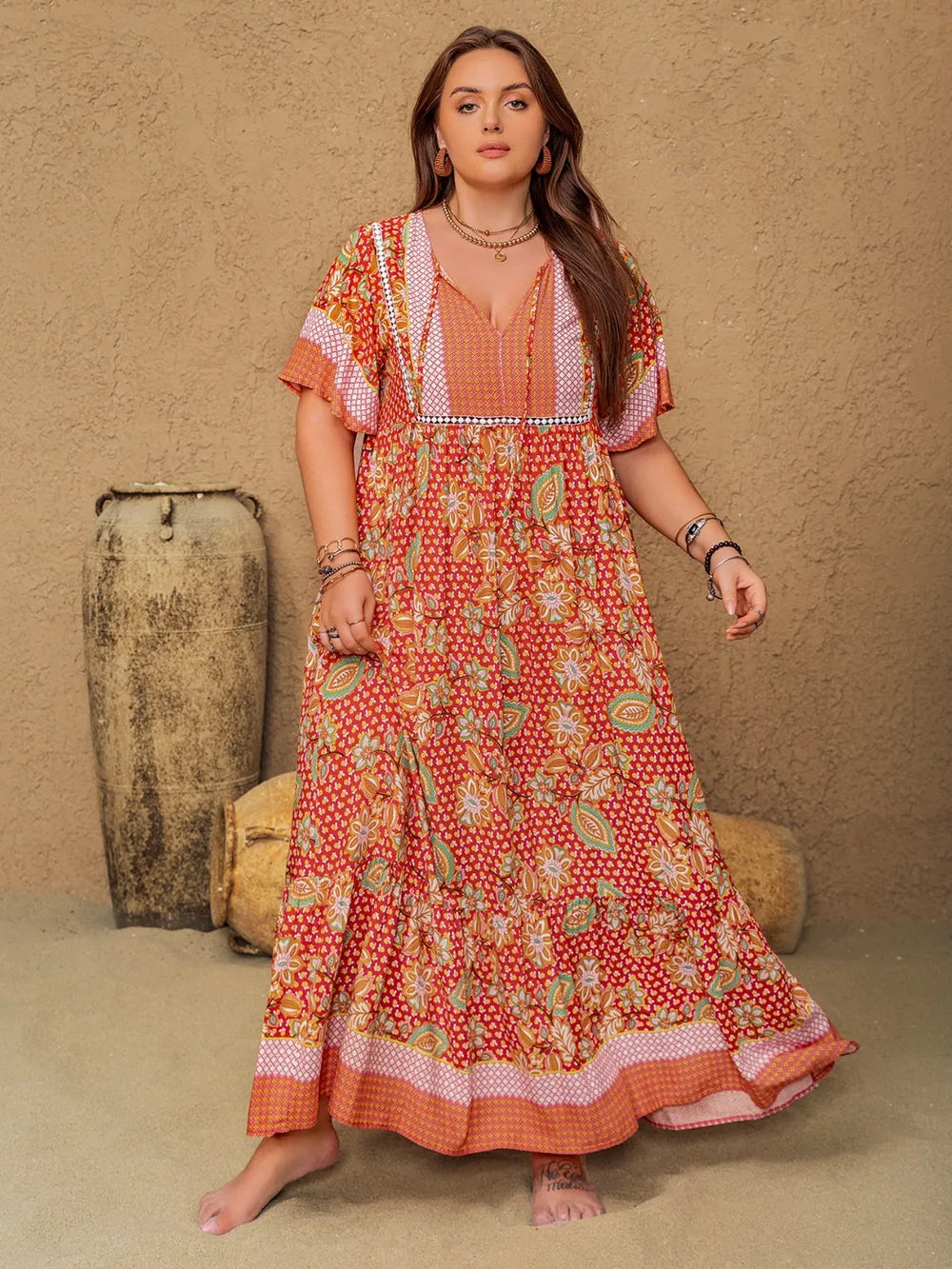Plus Size Printed Tie Neck Flutter Sleeve Maxi Dress - LoveNest Treasures
