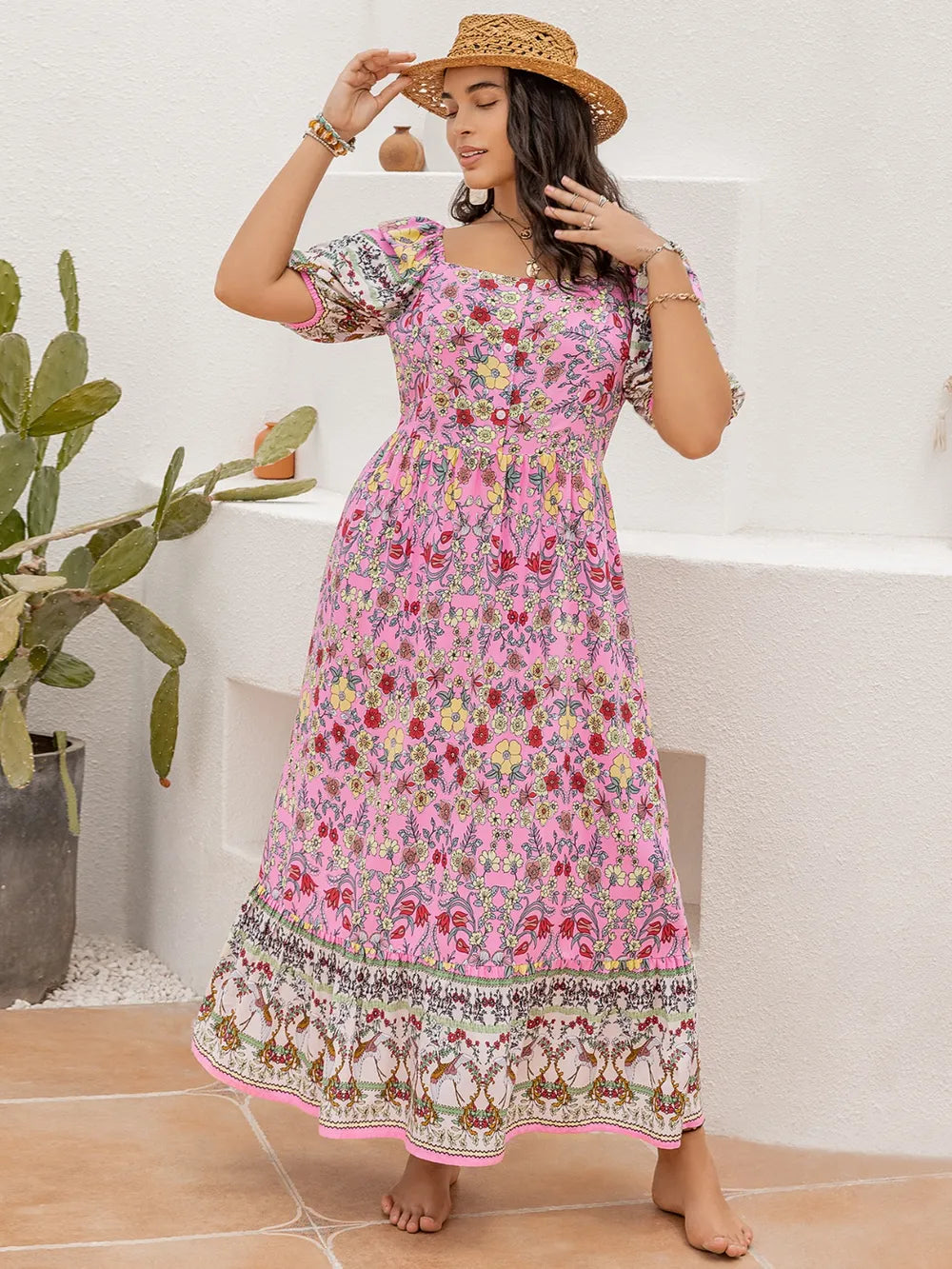 Plus Size Printed Square Neck Ruffle Hem Dress - LoveNest Treasures