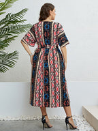 Honey Plus Size Bohemian V-Neck Tie Belt Midi Dress - LoveNest Treasures