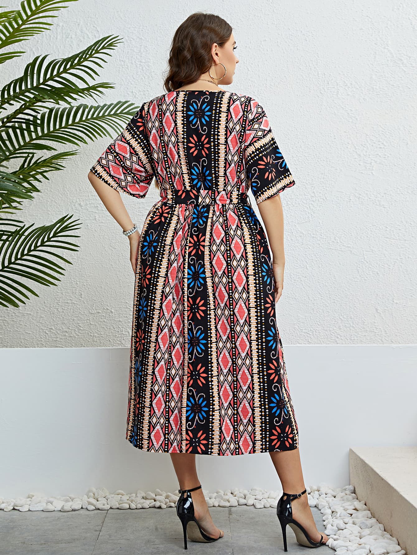 Honey Plus Size Bohemian V-Neck Tie Belt Midi Dress - LoveNest Treasures